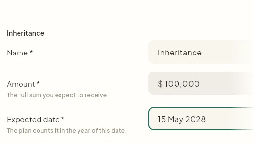 The Ad hoc income section in Income, with an inheritance of $100,000 expected on 15 May 2028.