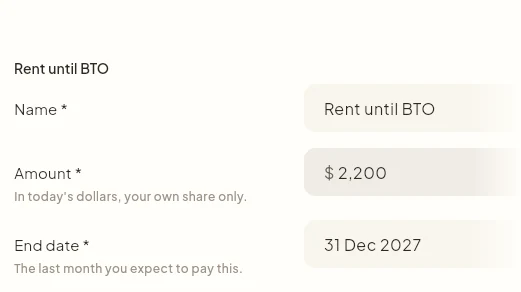 The Temporary expenses section in Expenses, with Rent until BTO at $2,200 a month ending 31 Dec 2027.
