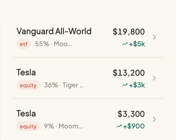 The Holdings list on a phone, with Tesla shown twice, once at Tiger Brokers and once at moomoo.